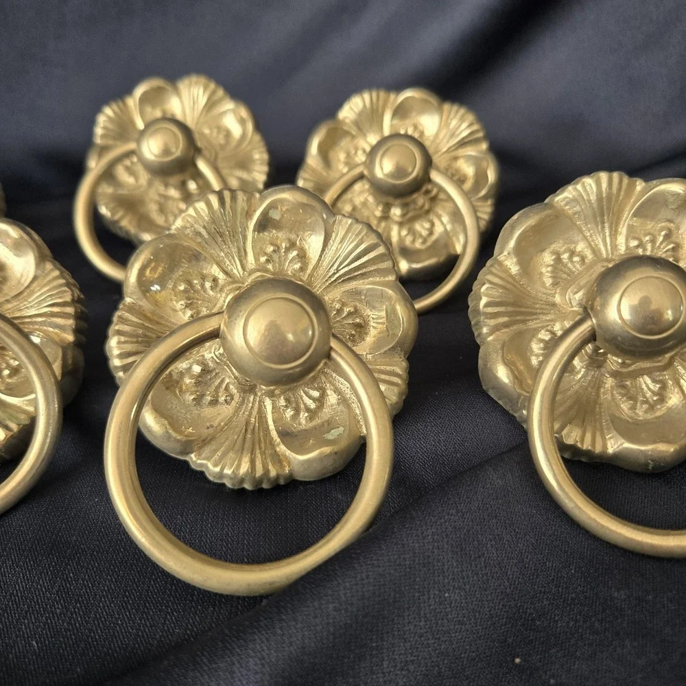 Lot of 6 Silvertone Ornate Floral Backplate w/ Central Drop Ring Drawer Pulls